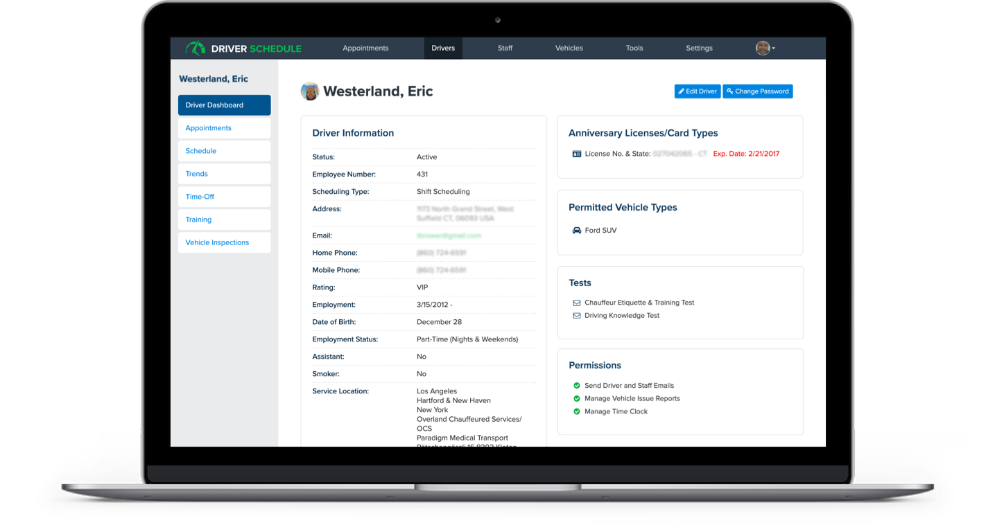 Driver compliance tracking software dashboard showing license expirations, DOT compliance status, and certification records in Driver Schedule